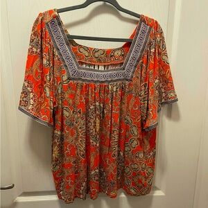 Cato Orange Paisley Blouse with Blue Accents